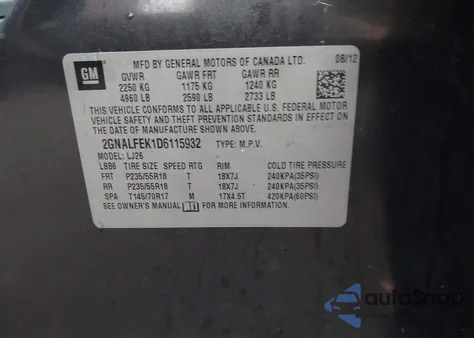 2013 Chevrolet Equinox Ltz from USA, damaged, VIN 2GNALFEK1D6115932